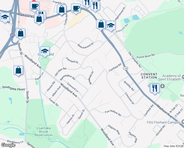 map of restaurants, bars, coffee shops, grocery stores, and more near 20 Bradwahl Drive in Morristown