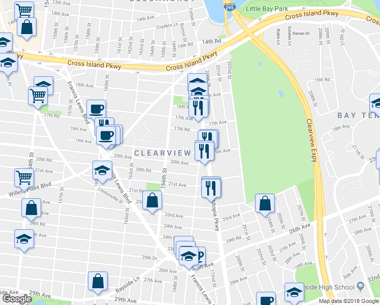 map of restaurants, bars, coffee shops, grocery stores, and more near 168-2 19th Avenue in Queens