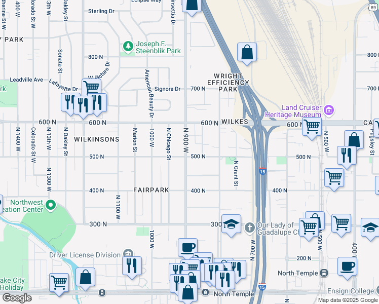 map of restaurants, bars, coffee shops, grocery stores, and more near 878 500 North in Salt Lake City