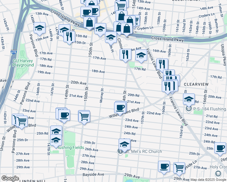 map of restaurants, bars, coffee shops, grocery stores, and more near 151-43 20th Rd in Queens