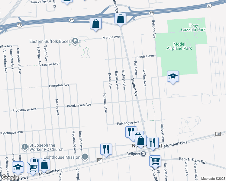 map of restaurants, bars, coffee shops, grocery stores, and more near 735 Doane Avenue in Bellport