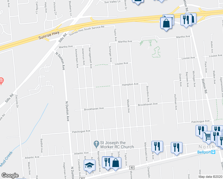 map of restaurants, bars, coffee shops, grocery stores, and more near 756 Scherger Ave in East Patchogue