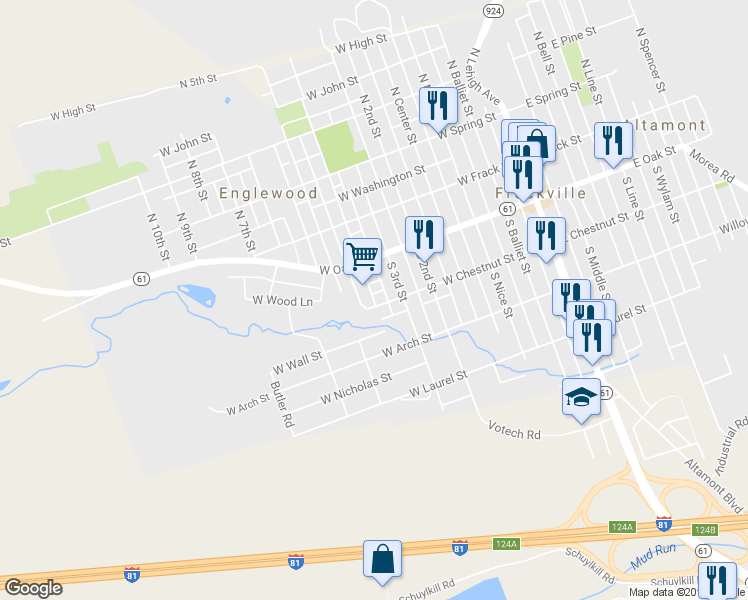 map of restaurants, bars, coffee shops, grocery stores, and more near 531 West Chestnut Street in Frackville