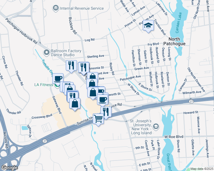 map of restaurants, bars, coffee shops, grocery stores, and more near 14 Dearborn Avenue in Patchogue
