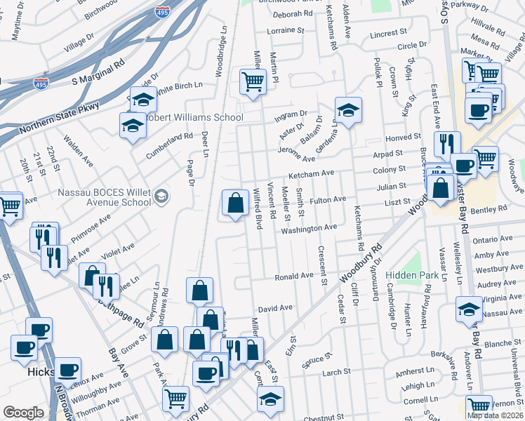 map of restaurants, bars, coffee shops, grocery stores, and more near 113 Wilfred Boulevard in Hicksville