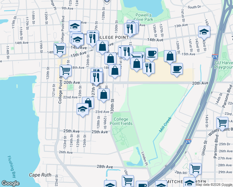 map of restaurants, bars, coffee shops, grocery stores, and more near 2035 130th Street in Queens