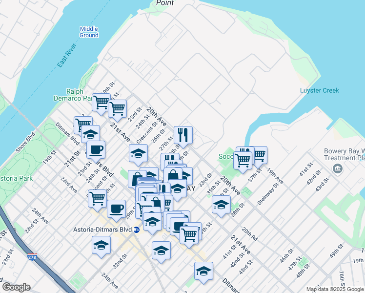map of restaurants, bars, coffee shops, grocery stores, and more near 20-09 28th Street in Queens