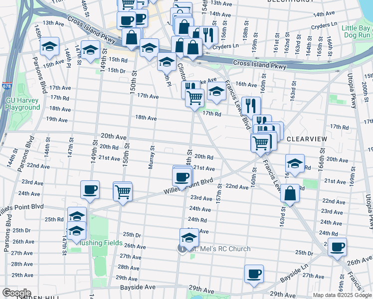 map of restaurants, bars, coffee shops, grocery stores, and more near 20-12 154th Street in Queens