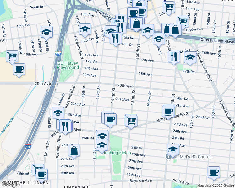 map of restaurants, bars, coffee shops, grocery stores, and more near 149-12 20th Road in Queens