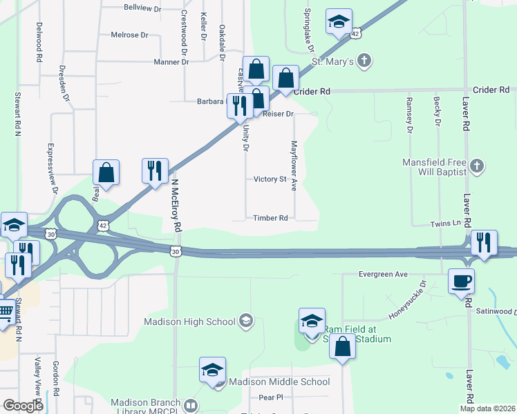 map of restaurants, bars, coffee shops, grocery stores, and more near 812 Unity Drive in Mansfield