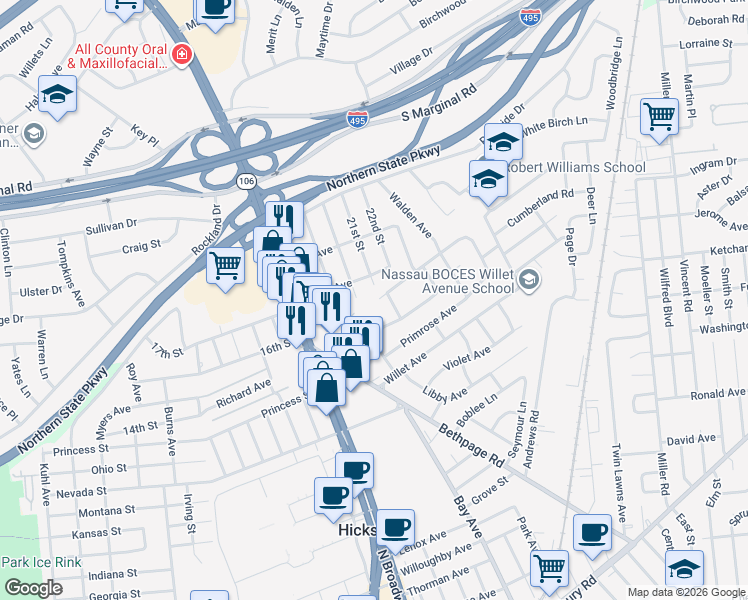 map of restaurants, bars, coffee shops, grocery stores, and more near 256 Dawson Lane in Jericho