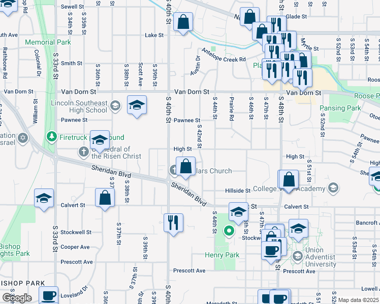 map of restaurants, bars, coffee shops, grocery stores, and more near 4115 High Street in Lincoln