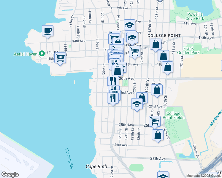 map of restaurants, bars, coffee shops, grocery stores, and more near 20-39 121st Street in Queens