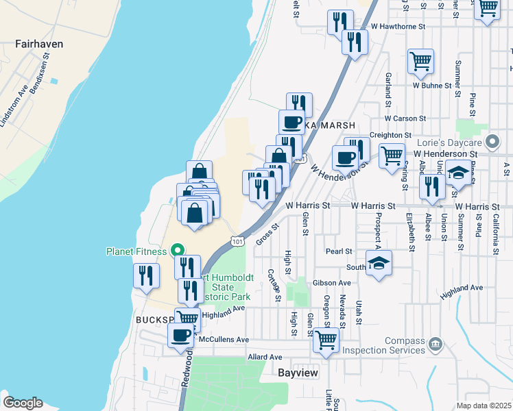 map of restaurants, bars, coffee shops, grocery stores, and more near 3144 Broadway Street in Eureka