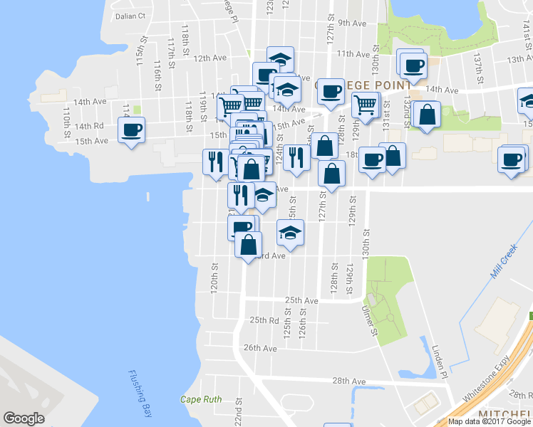 map of restaurants, bars, coffee shops, grocery stores, and more near 21-07 123rd Street in Queens