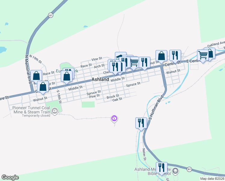 map of restaurants, bars, coffee shops, grocery stores, and more near 1020 Spruce St in Ashland