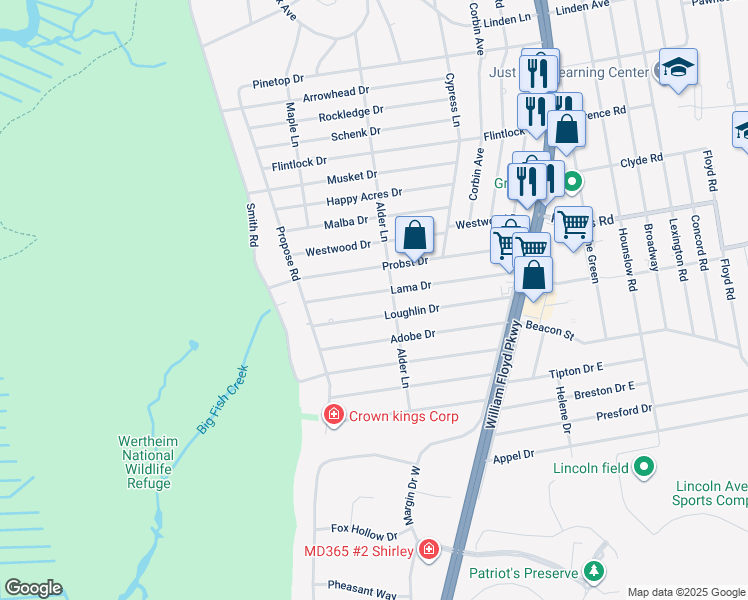 map of restaurants, bars, coffee shops, grocery stores, and more near 22 Lama Drive in Shirley