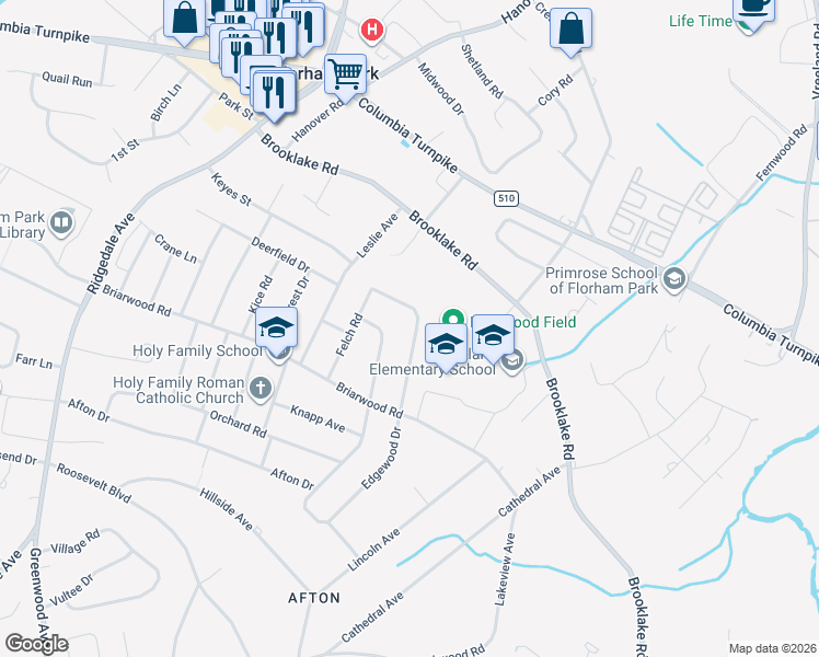 map of restaurants, bars, coffee shops, grocery stores, and more near 64 Edgewood Drive in Florham Park