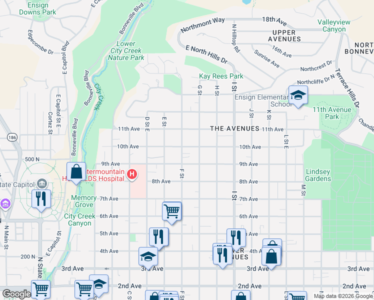 map of restaurants, bars, coffee shops, grocery stores, and more near 460 East 10th Avenue in Salt Lake City