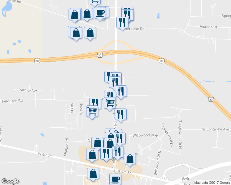 map of restaurants, bars, coffee shops, grocery stores, and more near 1023 Lexington-Springmill Road North in Mansfield