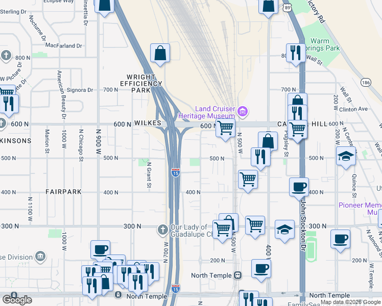 map of restaurants, bars, coffee shops, grocery stores, and more near 618 West 500 North in Salt Lake City