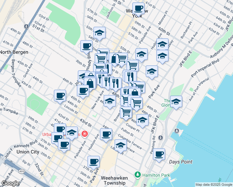 map of restaurants, bars, coffee shops, grocery stores, and more near 218 48th Street in Union City