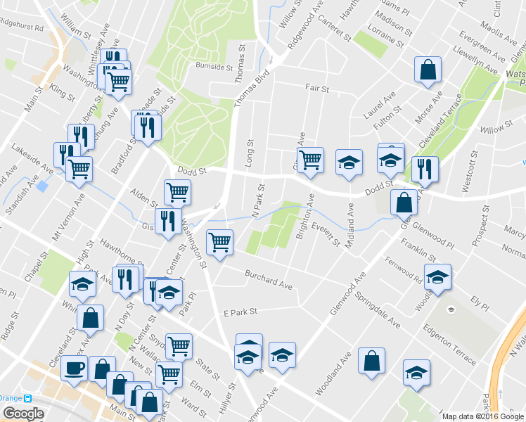 map of restaurants, bars, coffee shops, grocery stores, and more near 128 North Park Street in East Orange