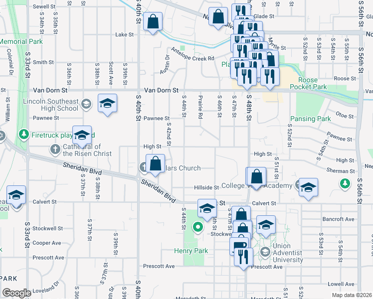 map of restaurants, bars, coffee shops, grocery stores, and more near 3200 South 44th Street in Lincoln