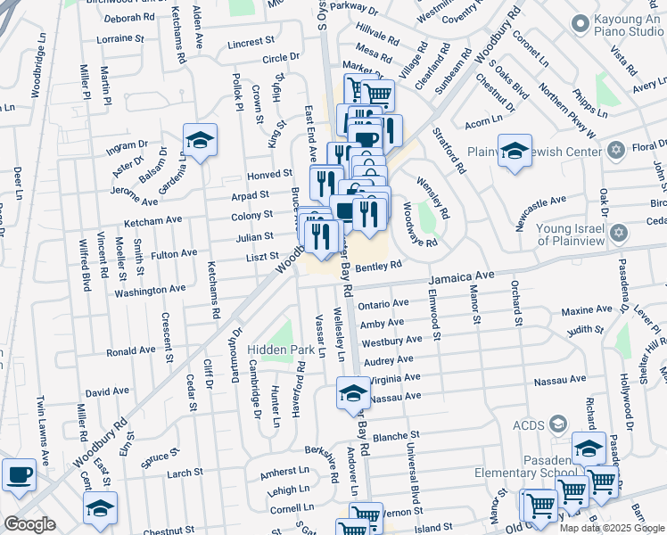 map of restaurants, bars, coffee shops, grocery stores, and more near 442 South Oyster Bay Road in Hicksville
