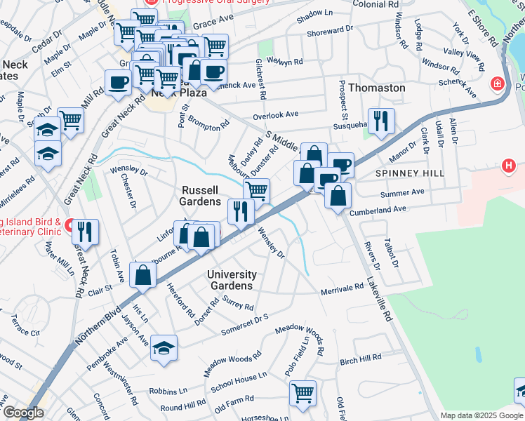 map of restaurants, bars, coffee shops, grocery stores, and more near 525 Northern Boulevard in Great Neck