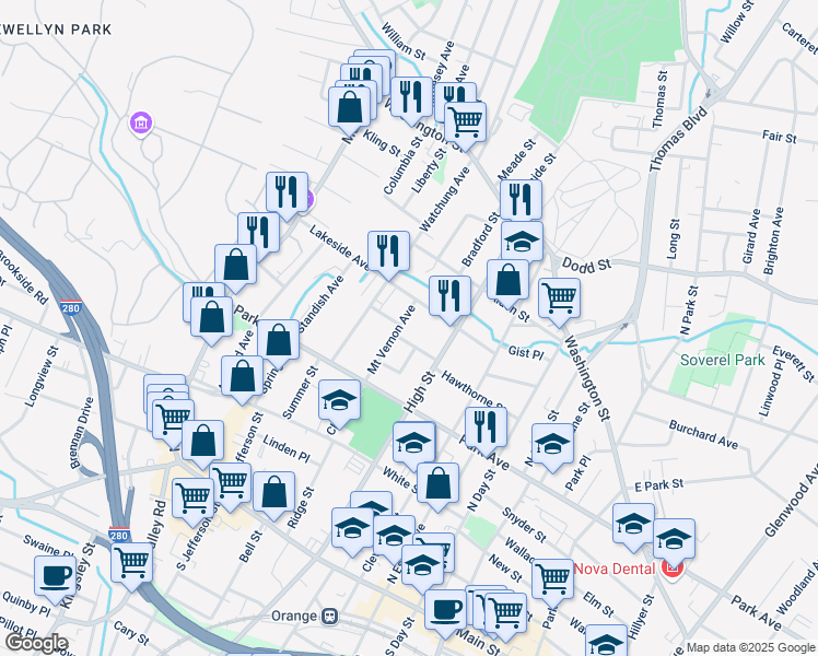 map of restaurants, bars, coffee shops, grocery stores, and more near 247 Mount Vernon Avenue in City of Orange