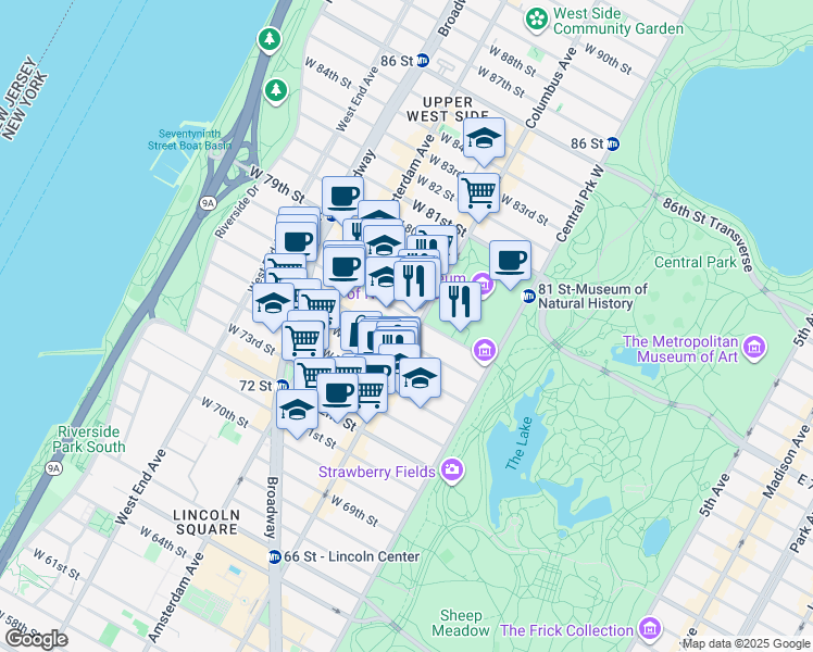 map of restaurants, bars, coffee shops, grocery stores, and more near 100 West 77th Street in New York