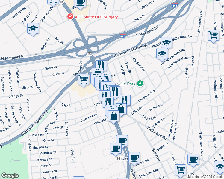 map of restaurants, bars, coffee shops, grocery stores, and more near 17 Burke Avenue in Jericho
