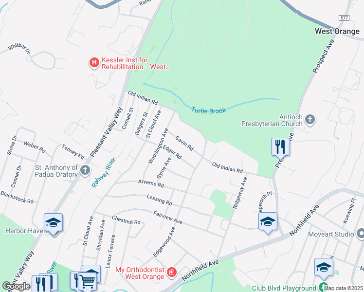 map of restaurants, bars, coffee shops, grocery stores, and more near 13 Gavin Road in West Orange