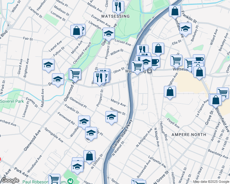 map of restaurants, bars, coffee shops, grocery stores, and more near 24 Kensington Place in East Orange