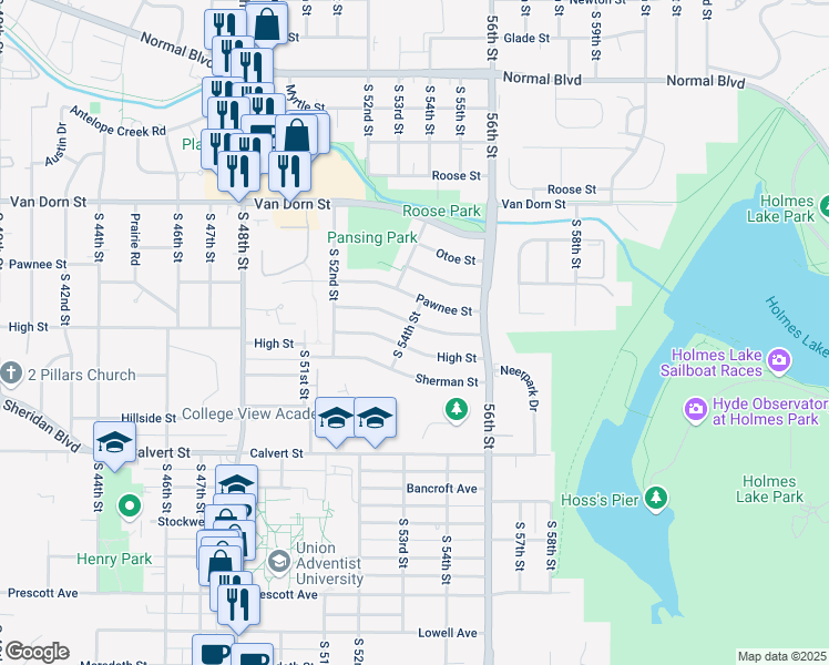 map of restaurants, bars, coffee shops, grocery stores, and more near 5421 Melrose Avenue in Lincoln