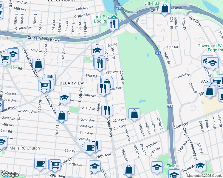 map of restaurants, bars, coffee shops, grocery stores, and more near 199-42 19th Avenue in Queens