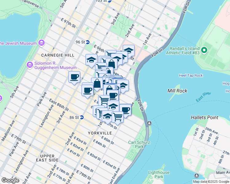 map of restaurants, bars, coffee shops, grocery stores, and more near 333 East 91st Street in New York