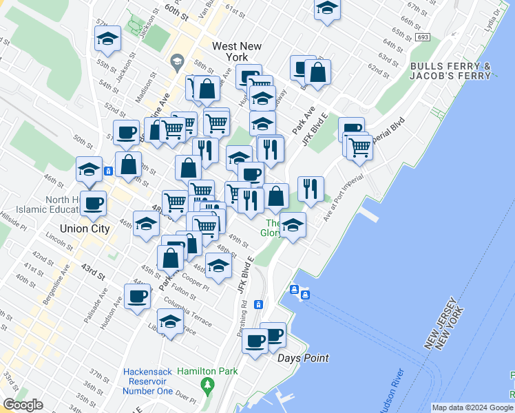 map of restaurants, bars, coffee shops, grocery stores, and more near 32 51st Street in West New York