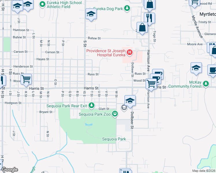 map of restaurants, bars, coffee shops, grocery stores, and more near 2109 Harris Street in Eureka