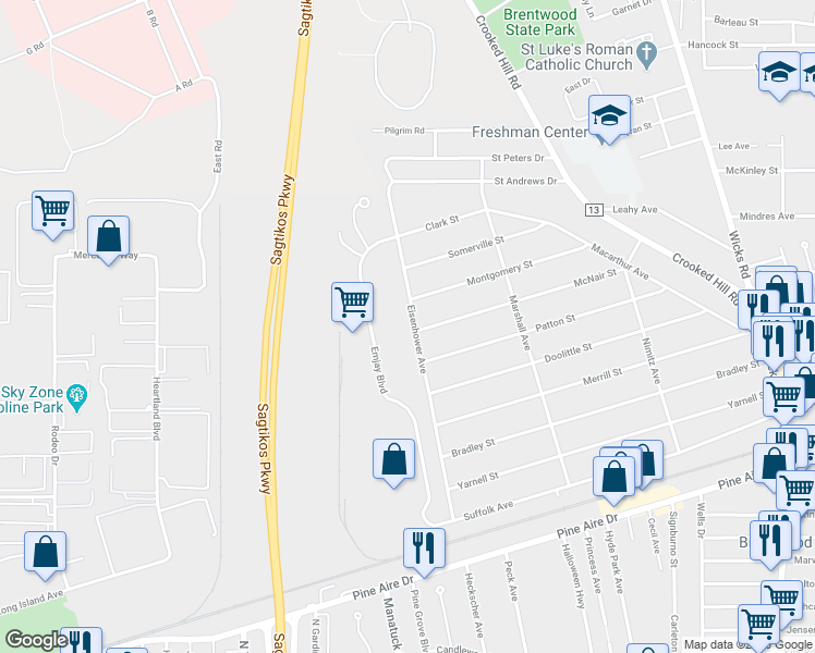 map of restaurants, bars, coffee shops, grocery stores, and more near 56 Eisenhower Avenue in Brentwood