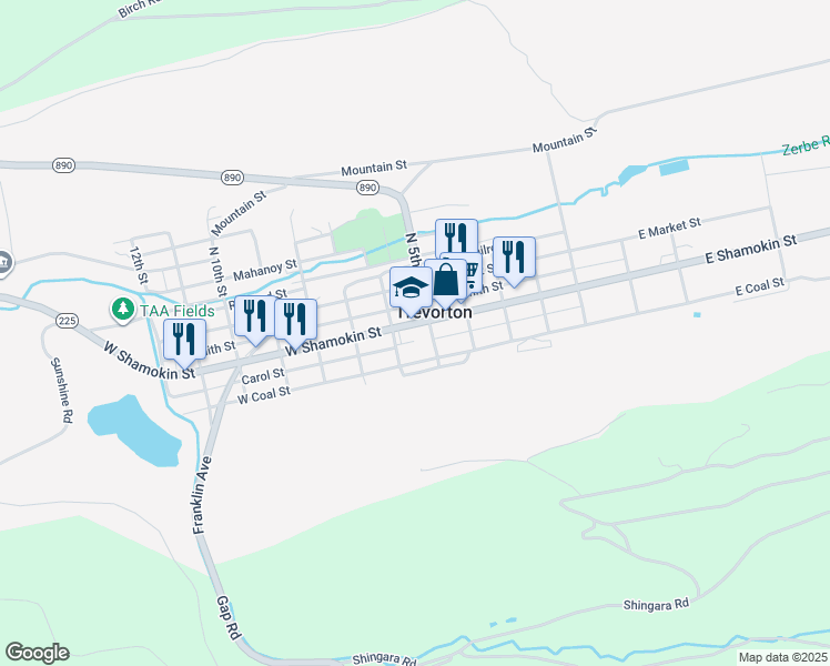 map of restaurants, bars, coffee shops, grocery stores, and more near 542 West Shamokin Street in Trevorton
