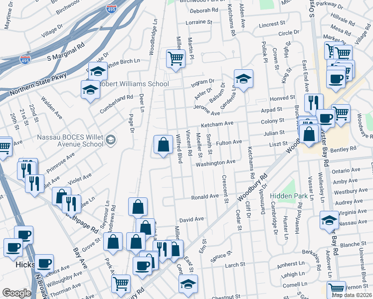 map of restaurants, bars, coffee shops, grocery stores, and more near 113 Wilfred Boulevard in Hicksville