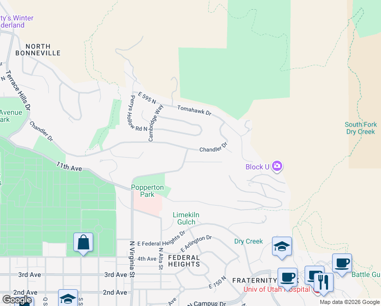 map of restaurants, bars, coffee shops, grocery stores, and more near 1420 Chandler Drive in Salt Lake City