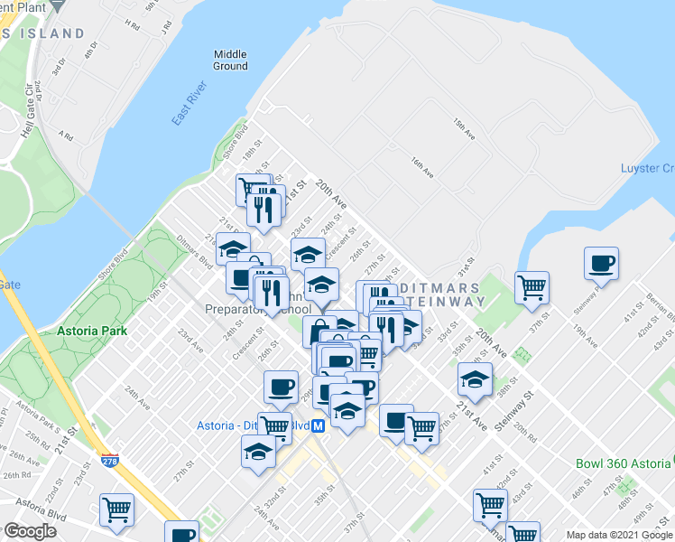 map of restaurants, bars, coffee shops, grocery stores, and more near 20-68 26th Street in Queens