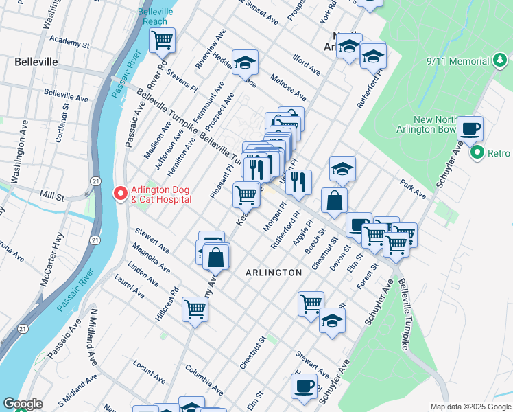 map of restaurants, bars, coffee shops, grocery stores, and more near 840 Kearny Avenue in Kearny