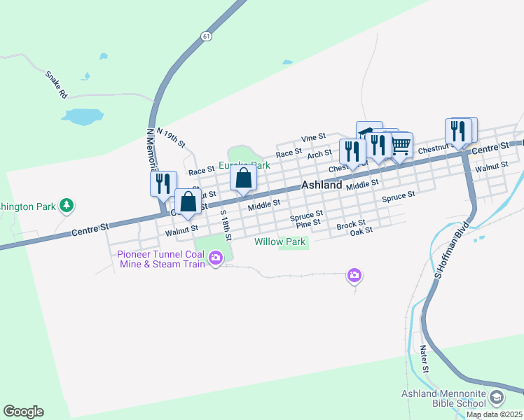 map of restaurants, bars, coffee shops, grocery stores, and more near 1527 Walnut Street in Ashland