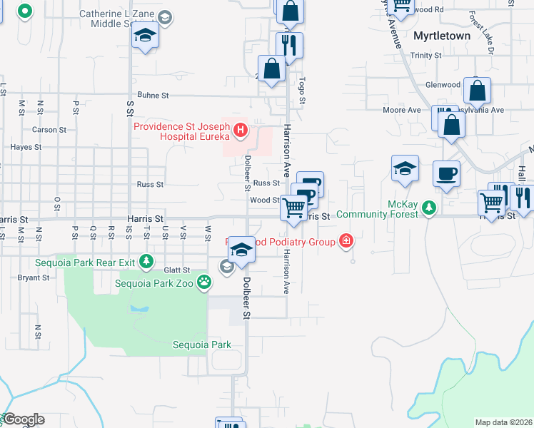 map of restaurants, bars, coffee shops, grocery stores, and more near 2453 Harris Street in Eureka