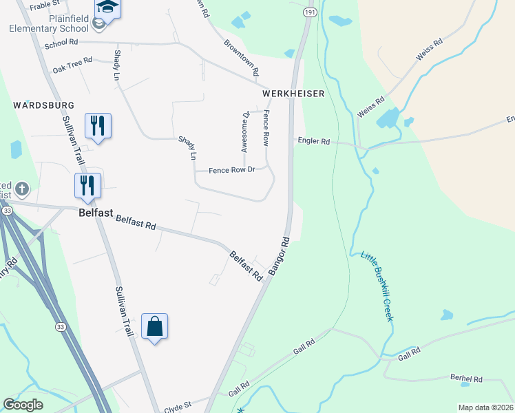 map of restaurants, bars, coffee shops, grocery stores, and more near 5821 Shady Lane in Nazareth
