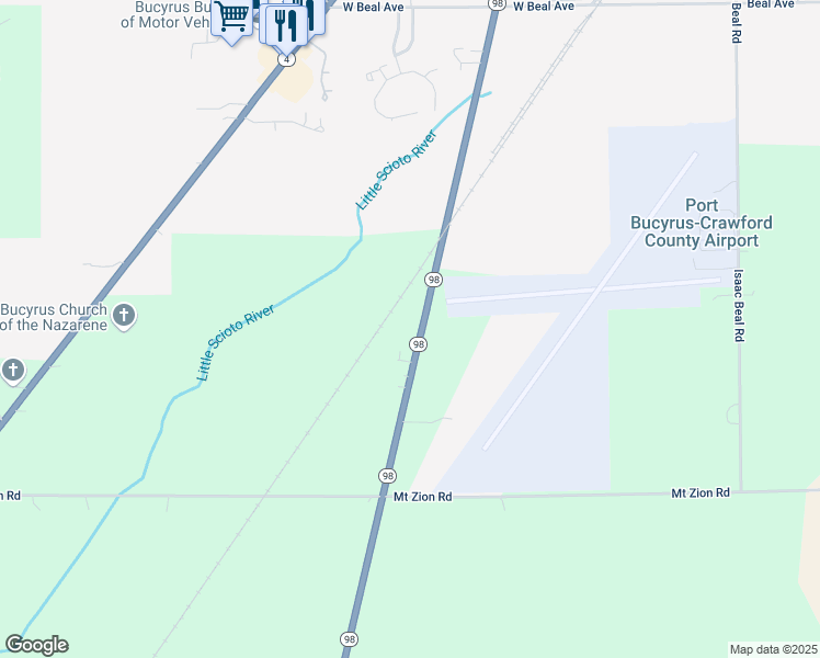 map of restaurants, bars, coffee shops, grocery stores, and more near 2130 Ohio 98 in Bucyrus
